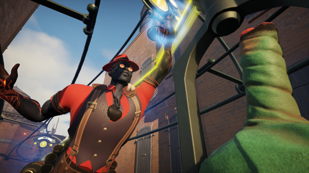 Deadlock hero reaching upward beside a lamp post