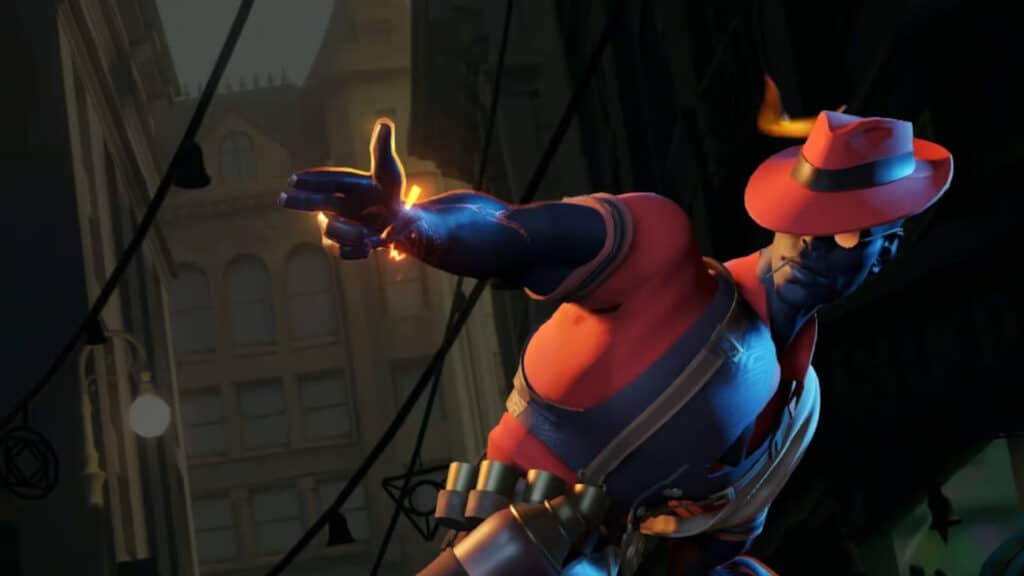 Deadlock hero Holliday aiming in a city street