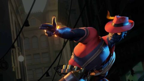 Deadlock hero Holliday aiming in a city street