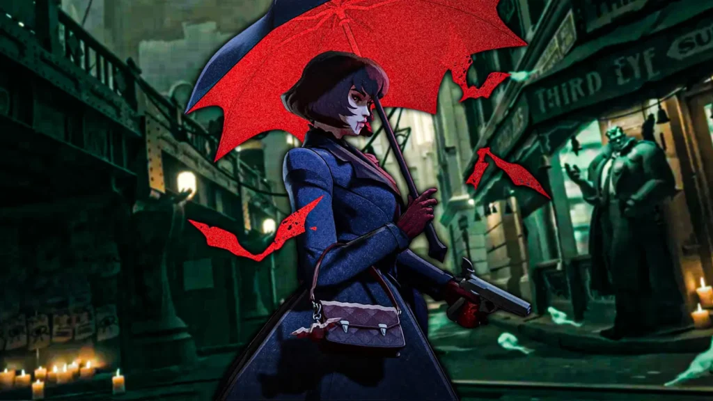 Stylized Deadlock character portrait with dramatic city backdrop
