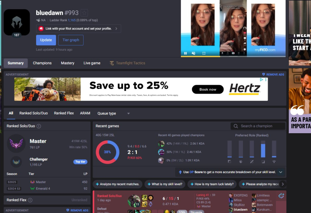 OP.GG bluedawn profile showing Master 761 LP and a 38 percent recent-games panel