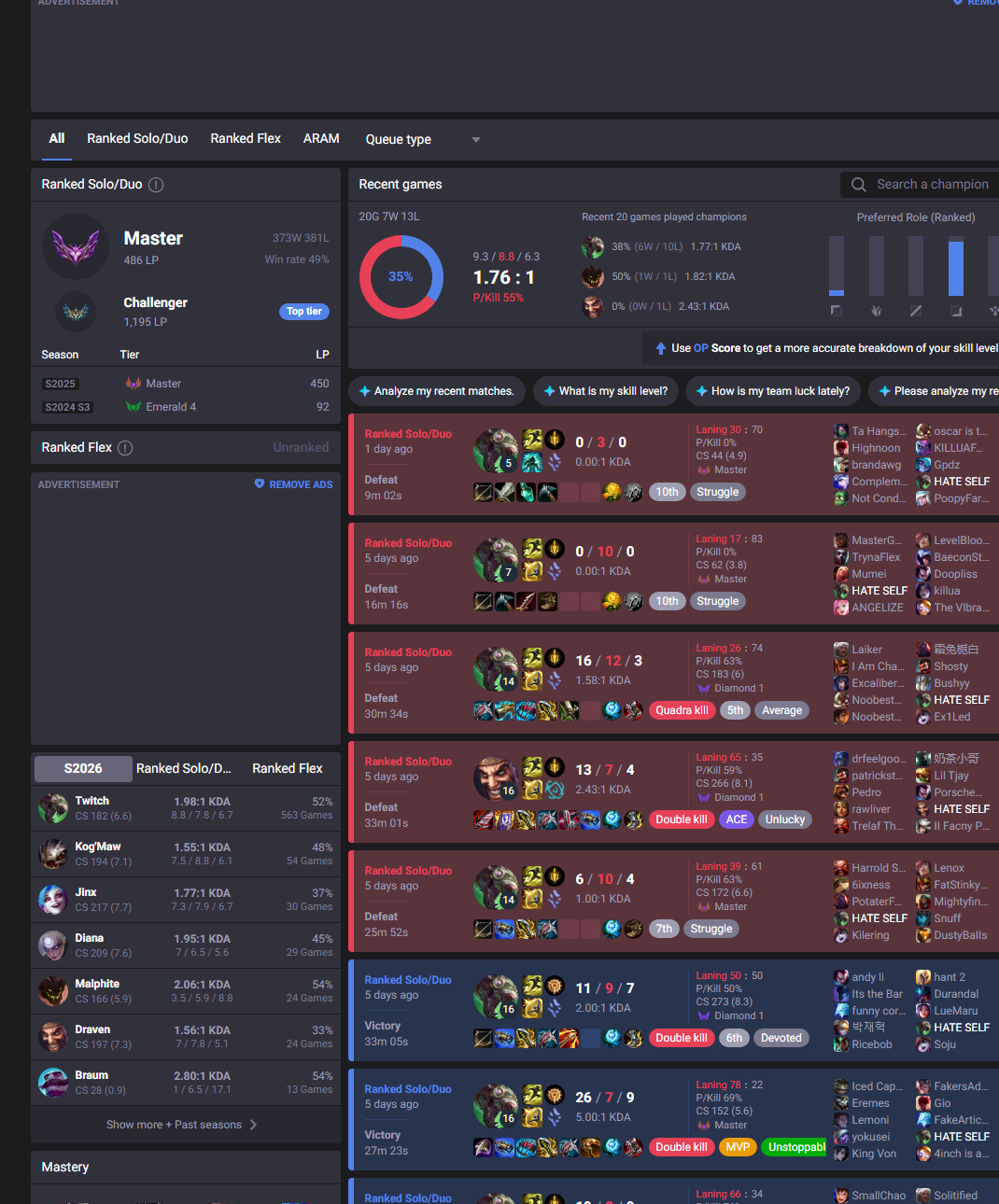 OP.GG HATE SELF ranked solo duo panel showing Master 486 LP and recent games at 20 games 7 wins 13 losses