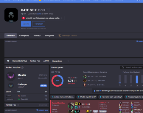 OP.GG HATE SELF profile showing Master 486 LP and a 35 percent recent-games panel