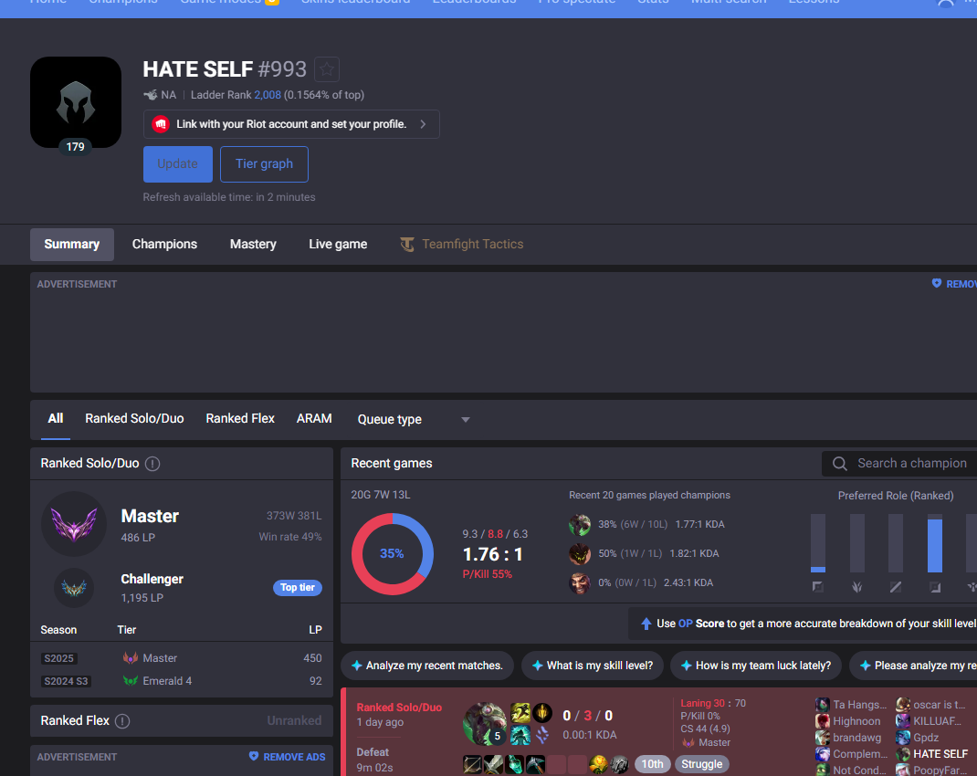 OP.GG HATE SELF profile showing Master 486 LP and a 35 percent recent-games panel
