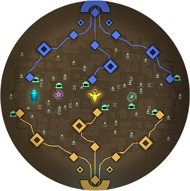 Deadlock three-lane Cursed Apple minimap with Yellow, Blue, and Green lanes