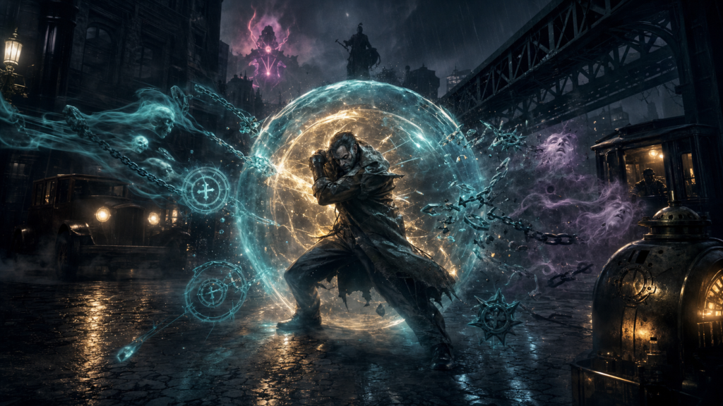 Deadlock fighter breaking spectral chains inside a protective barrier