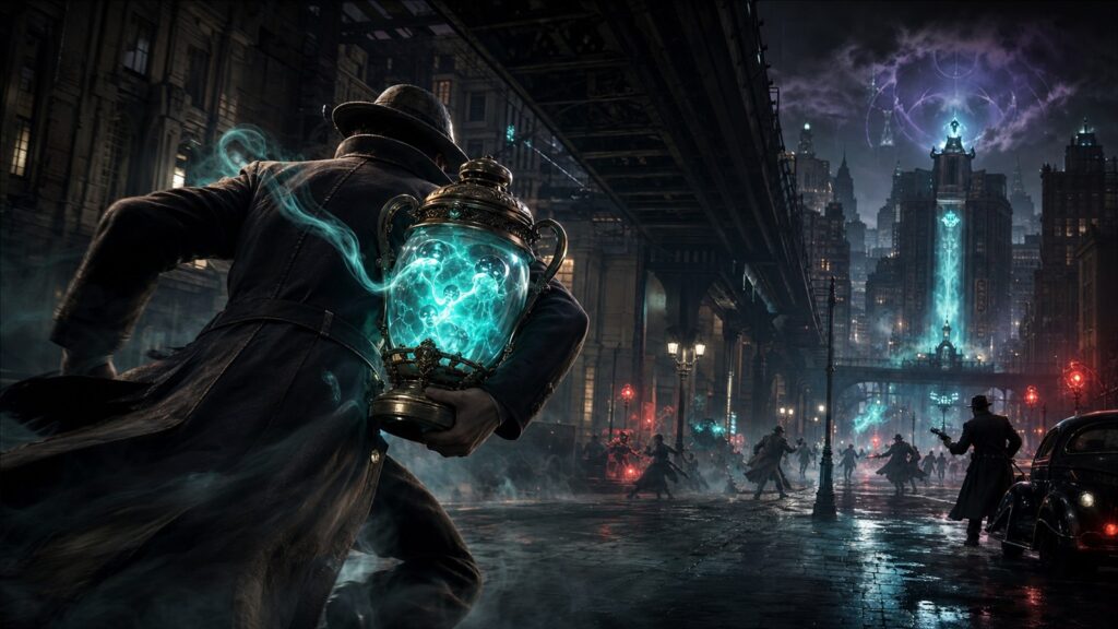 Runner carrying a glowing Soul Urn across an occult city battlefield