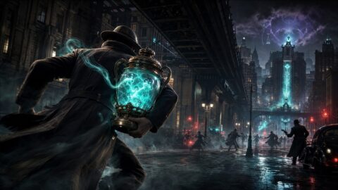Runner carrying a glowing Soul Urn across an occult city battlefield